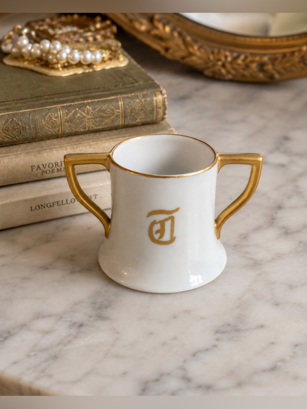 Antique Imperial Austria Porcelain Loving Cup Monogram T White Gold Two Handle